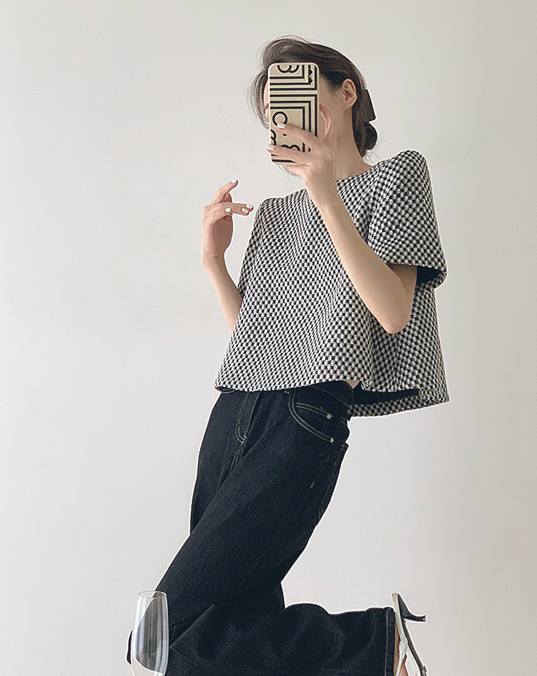 ♀Monotone Plaid Short Shirt