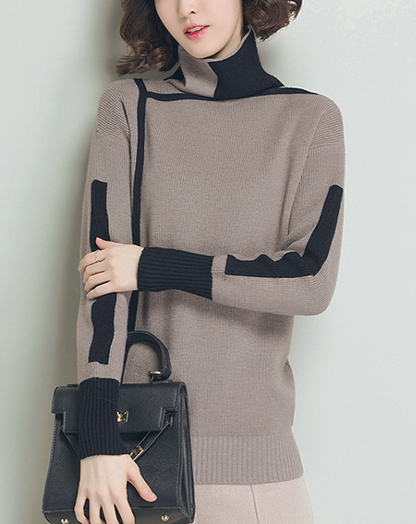 ♀Bicolor Contrast High Neck Knit