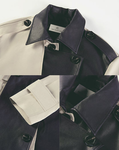♀Black Leather Design Trench Coat