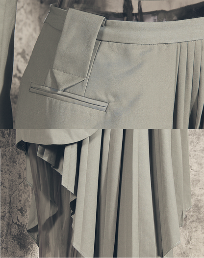 ♀Narrow Belt Short Jacket & Asymmetric Design Pleats Skirt