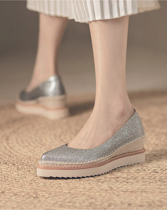 ♀本革／Glitter Color Pointed Toe Wedge Sole Shoes