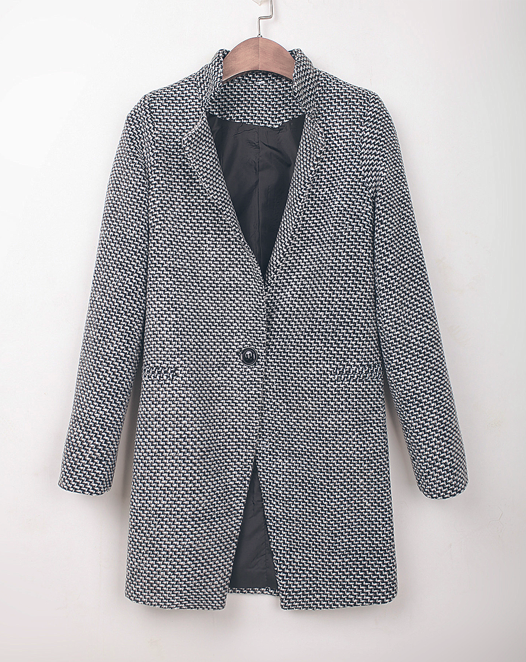 ♀Stand Collar Style Tweed Pattern Middle Coat
