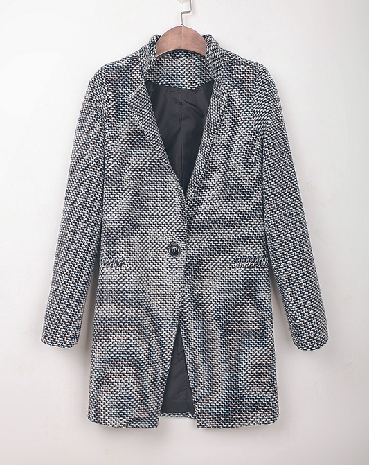 ♀Stand Collar Style Tweed Pattern Middle Coat