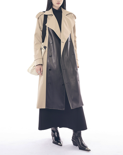 ♀Bicolor Double Breasted Leather Trench Coat