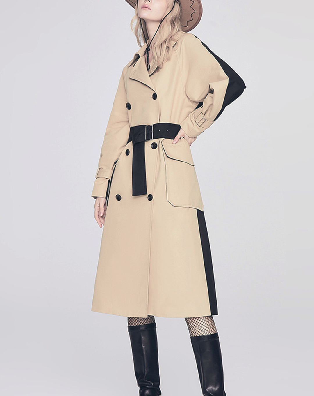 ♀Contrast Color Double Breasted Trench Coat