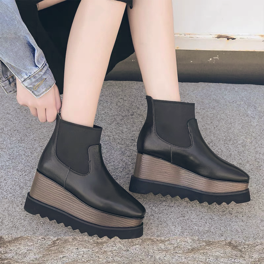 ♀ 本革／Platform Sole Side Gore Leather Boots