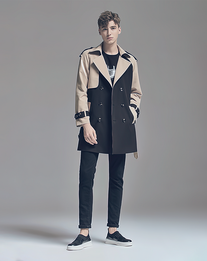 ♂Contrast Color Double Breasted Trench Coat
