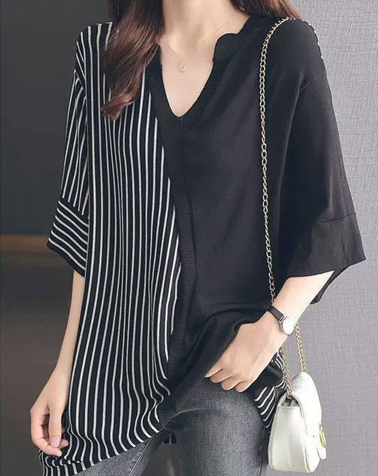 ♀Striped Switching V-neck Shirt