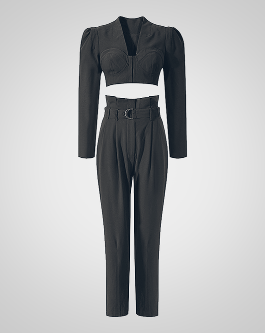 ♀Shoulder Tucked Bustier Style Tops & Belt Slacks Pants