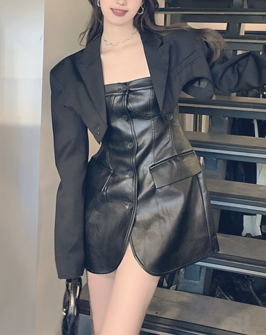 ♀Leather Tube Top Dress & Short Jacket