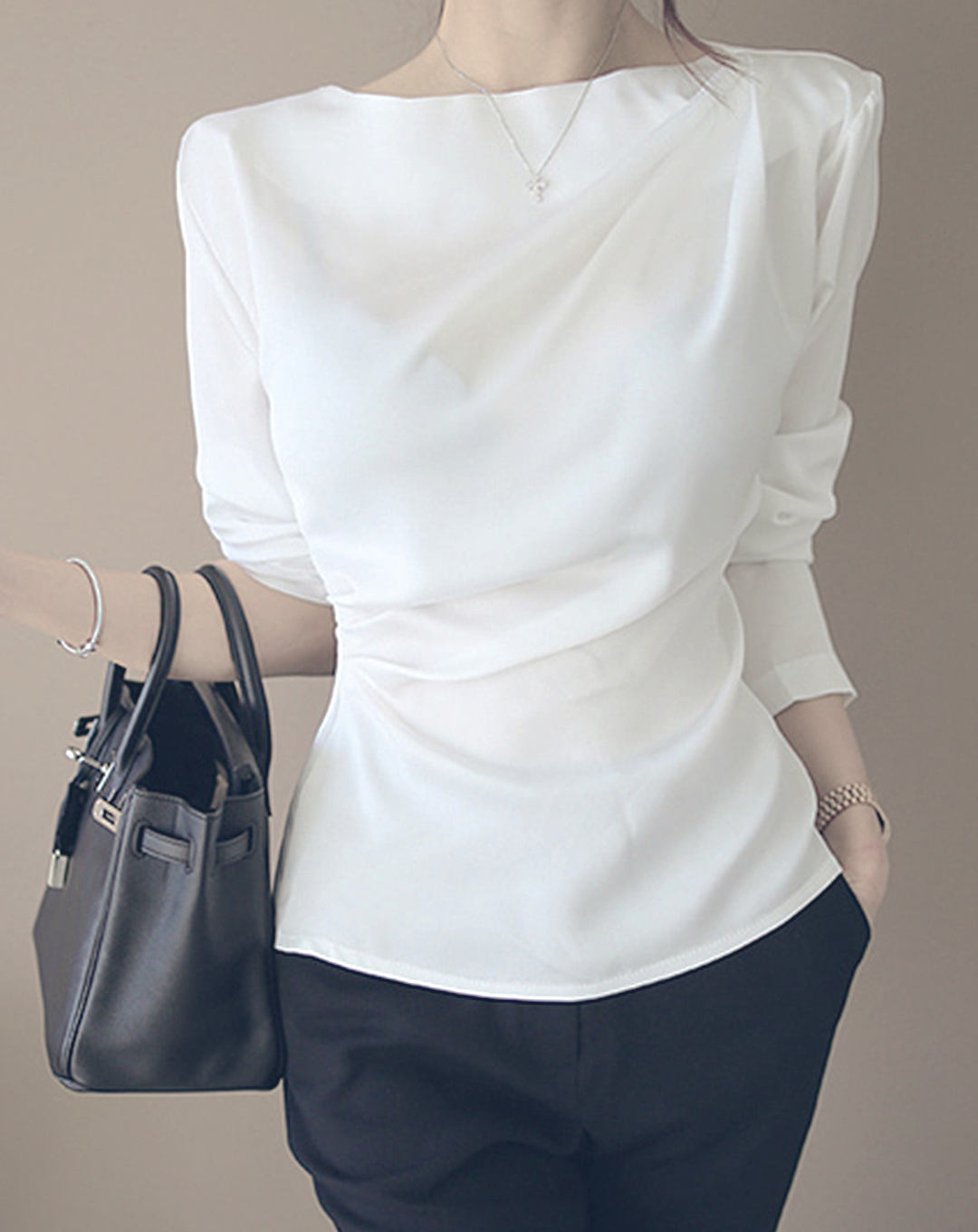 ♀Gathered Waist Boat Neck Shirt