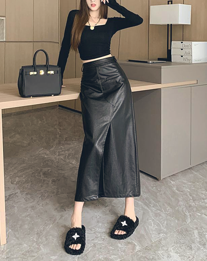 ♀Front Slit Leather Long Skirt
