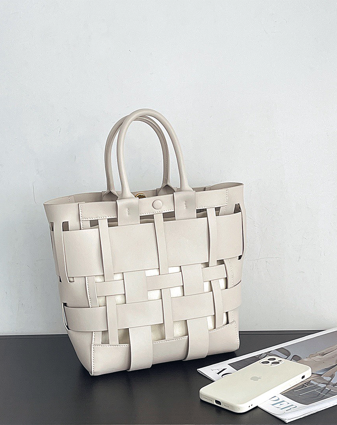 mesh leather tote bag