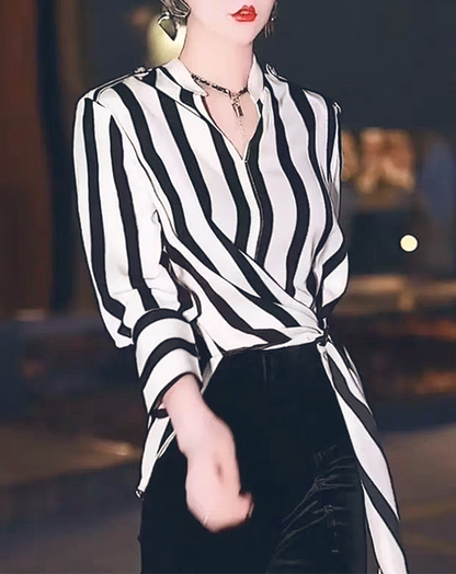 ♀Side Long Hem Striped Shirt