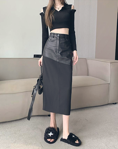 ♀Top Leather Long Skirt