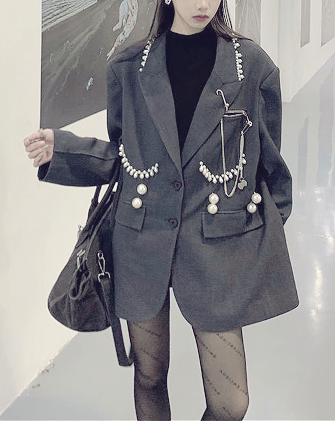 ♀Pearl Decoration Gray Jacket