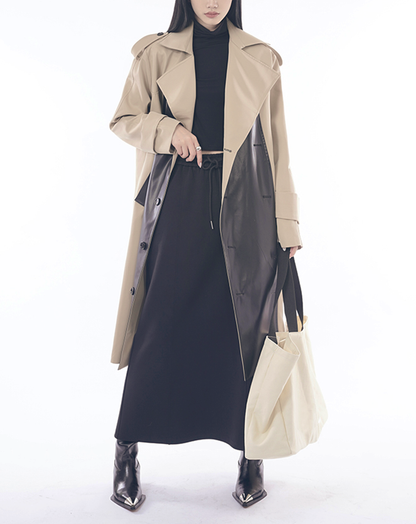 ♀Bicolor Double Breasted Leather Trench Coat