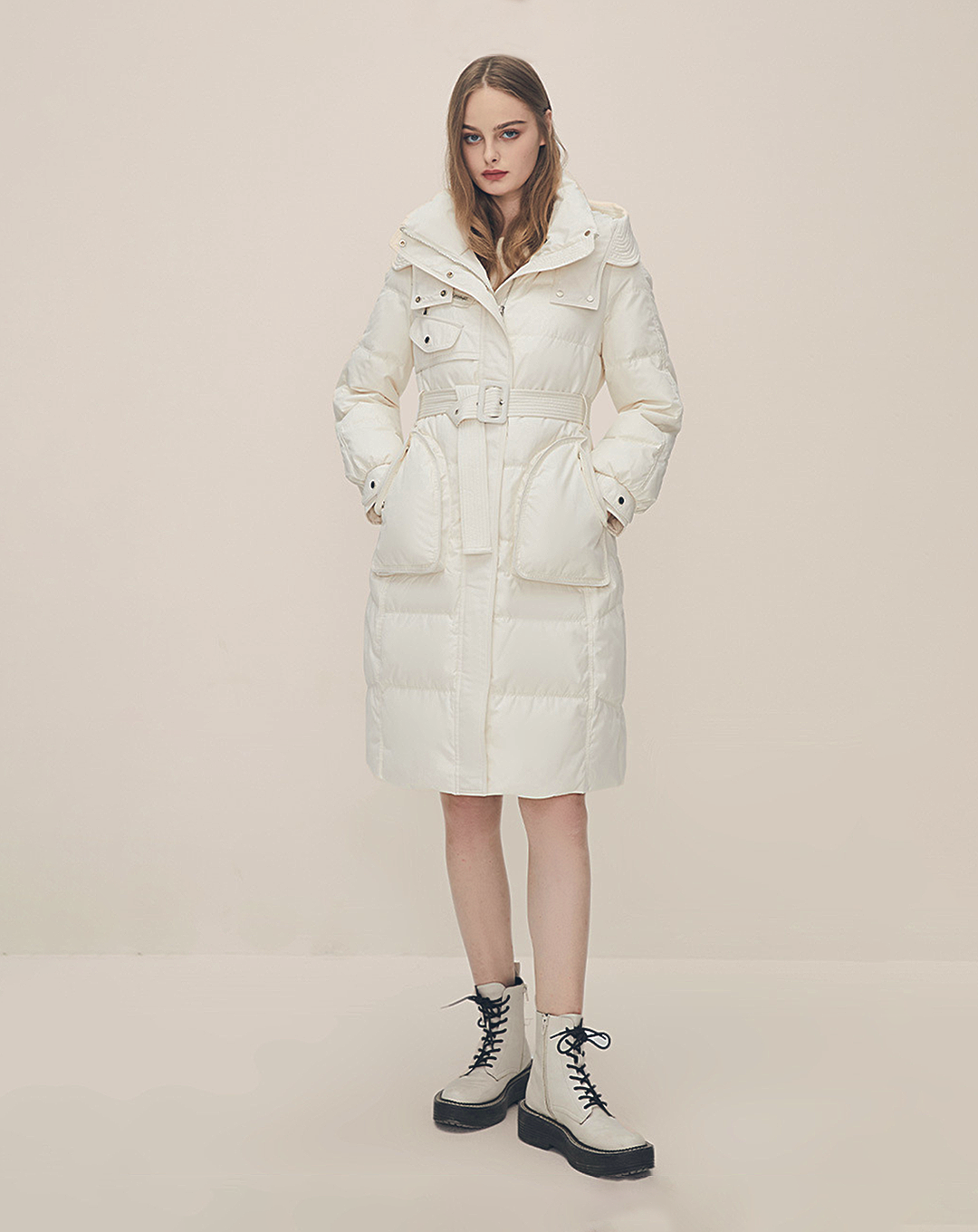 ♀Hood And Zipper Middle Down Coat