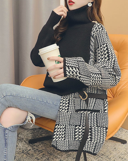 ♀Houndstooth Switching Knit