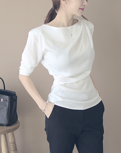 ♀Gathered Waist Boat Neck Shirt