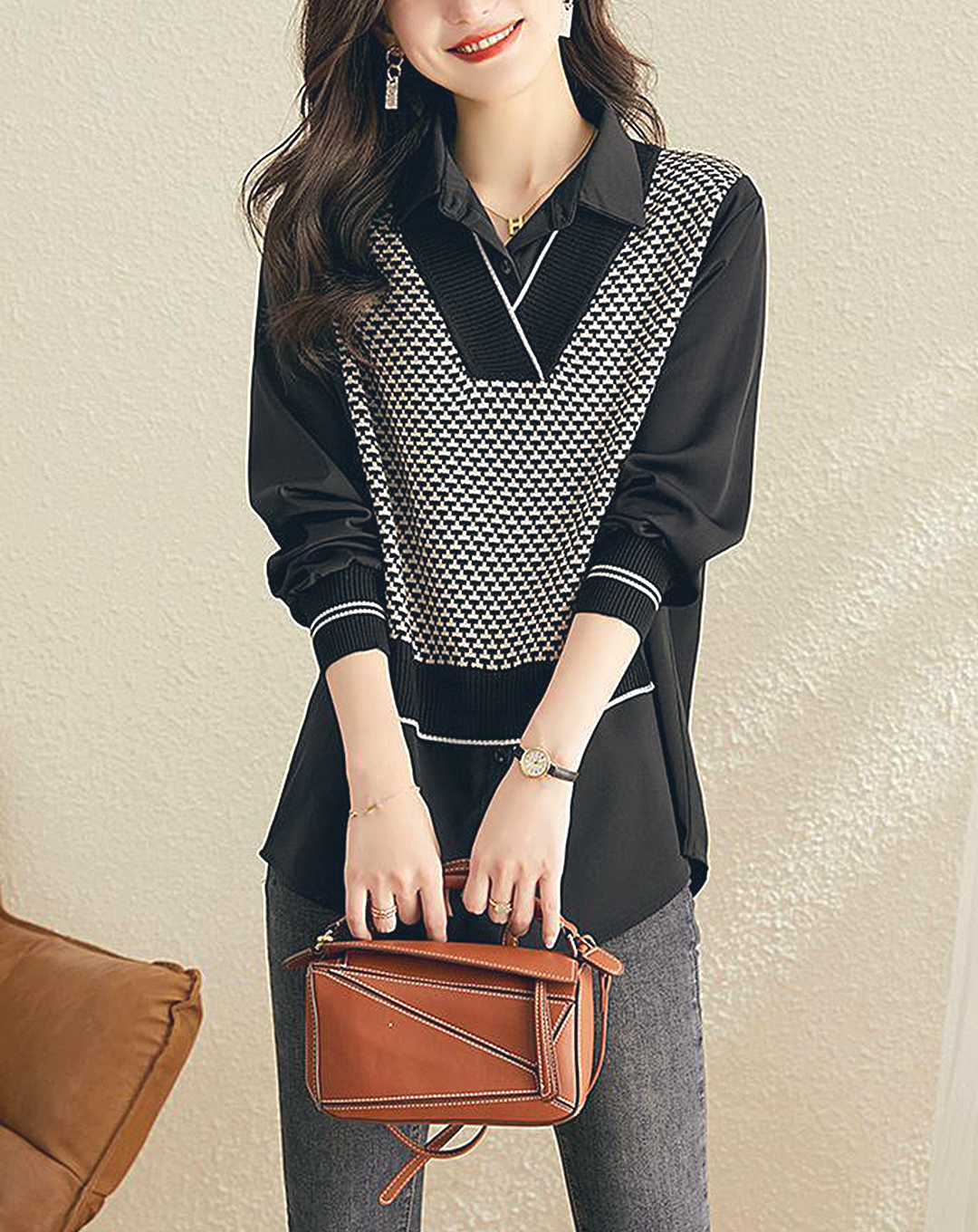 ♀Patterned Vest Docking Shirt