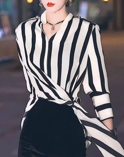 ♀Side Long Hem Striped Shirt