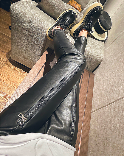 ♀Straight Long Zip Leather Pants