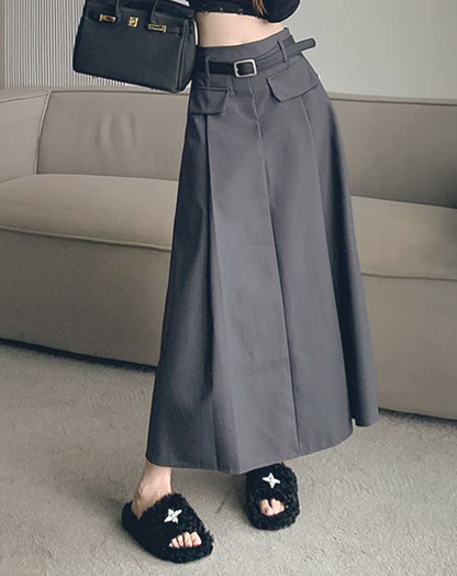♀Double Pocket Pleated Long Skirt