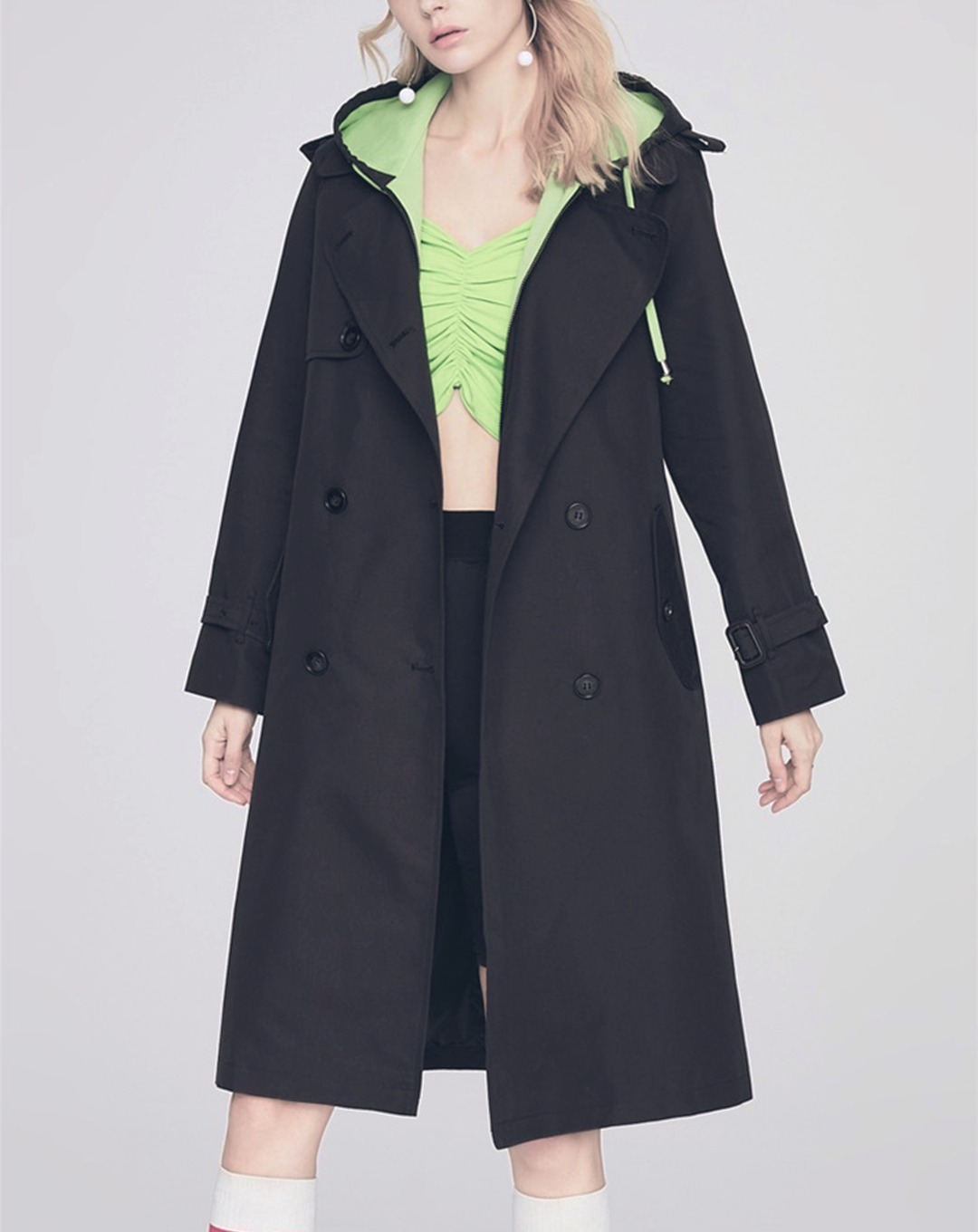 ♀Neon Green Hood Trench Coat