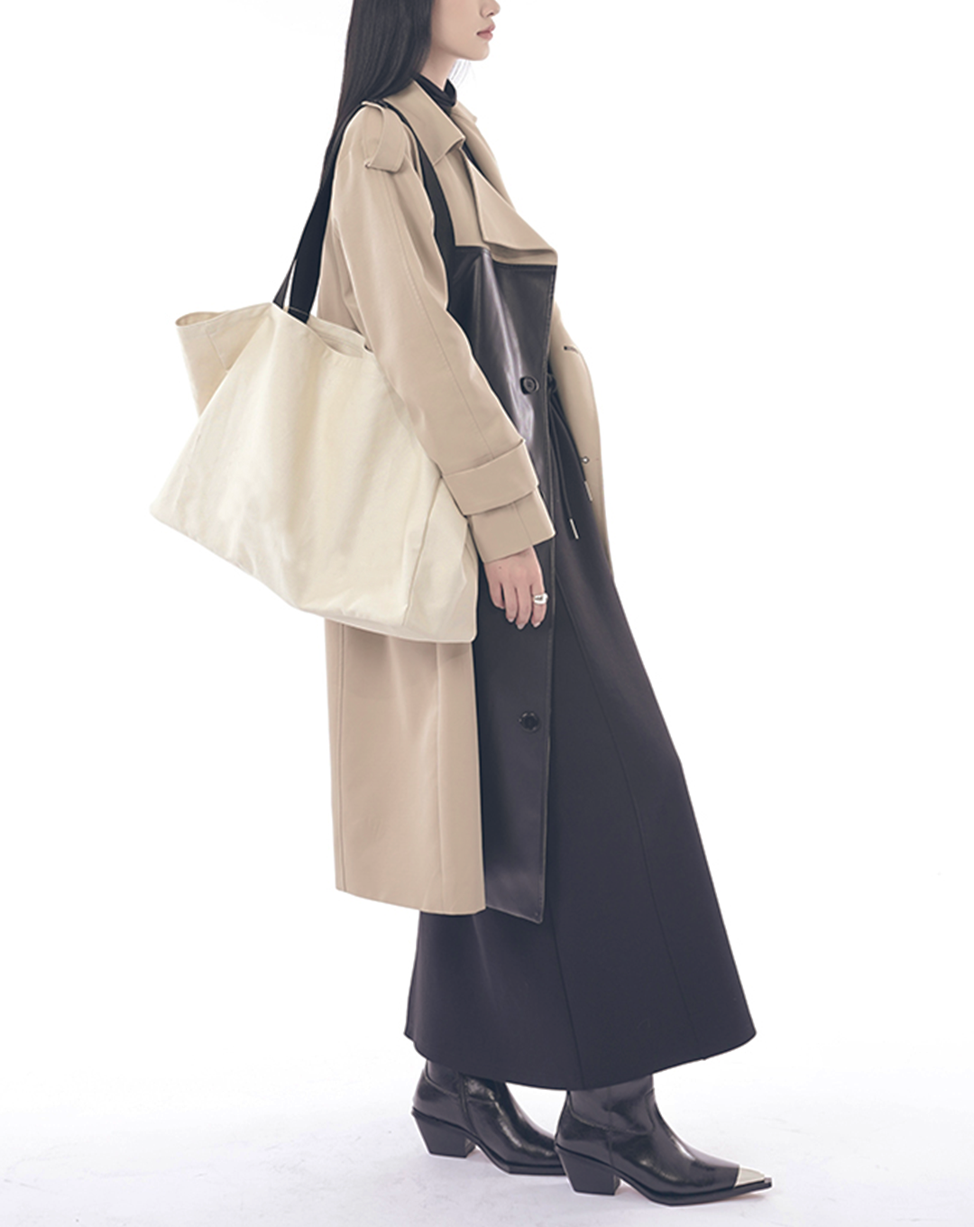 ♀Bicolor Double Breasted Leather Trench Coat