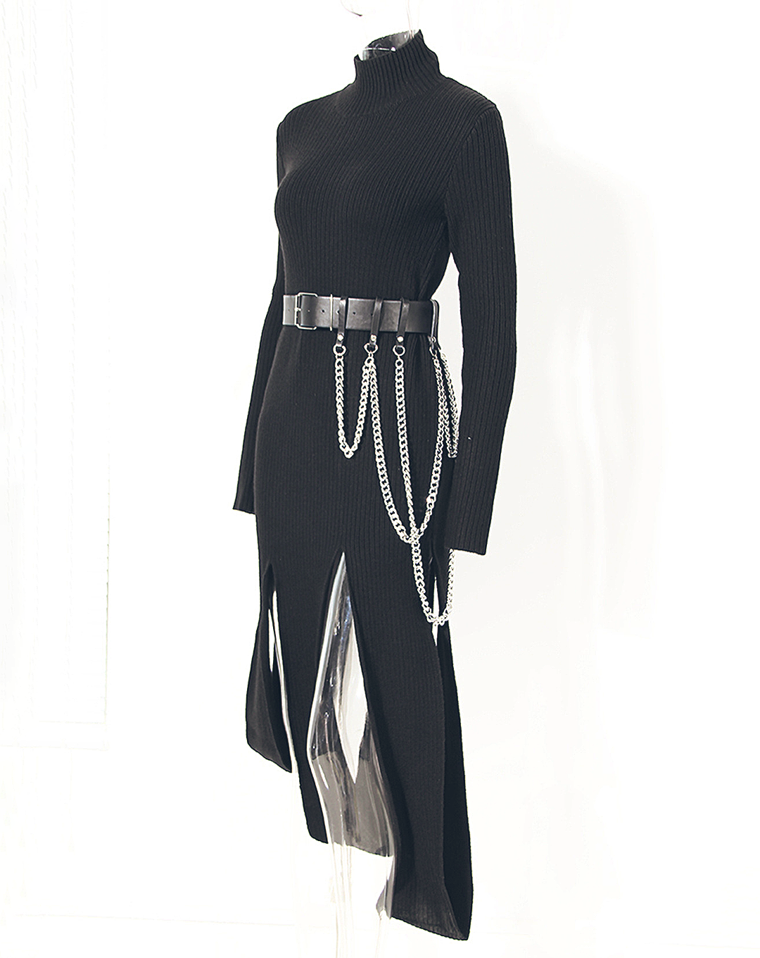 ♀Irregular Hem Chain Belt Knit Dress