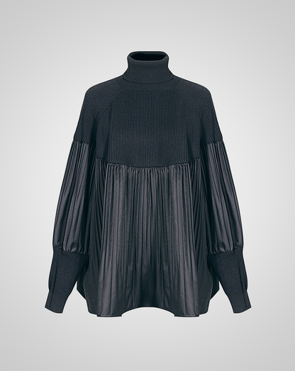 ♀Pleated Design Puff Sleeve High Neck Tops