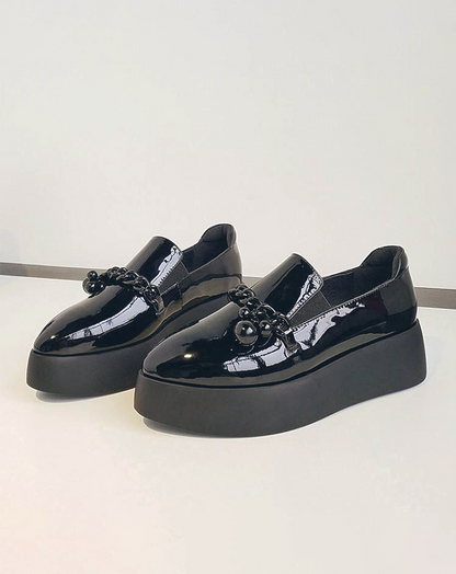 ♀ 本革／Black Chain Platform Leather Shoes