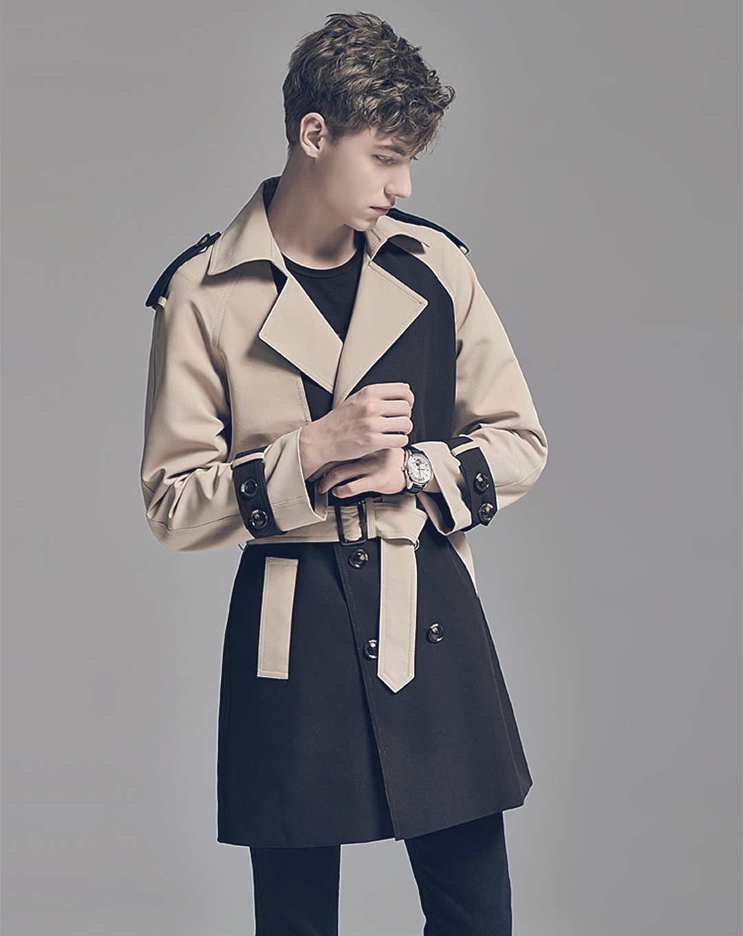♂Contrast Color Double Breasted Trench Coat
