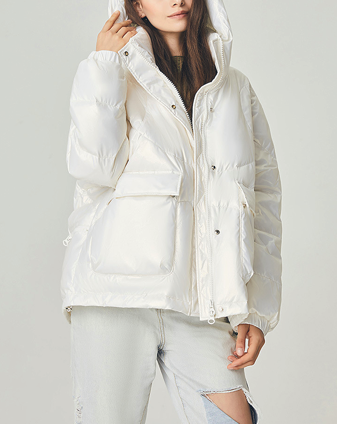 ♀High Neck Hoodie Down Jacket