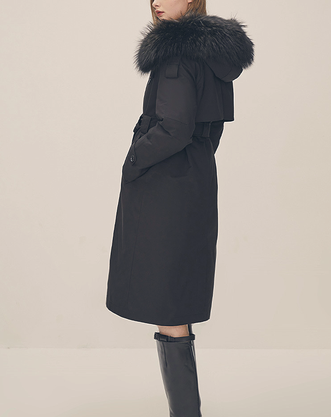 ♀Fur Hooded Trench Coat