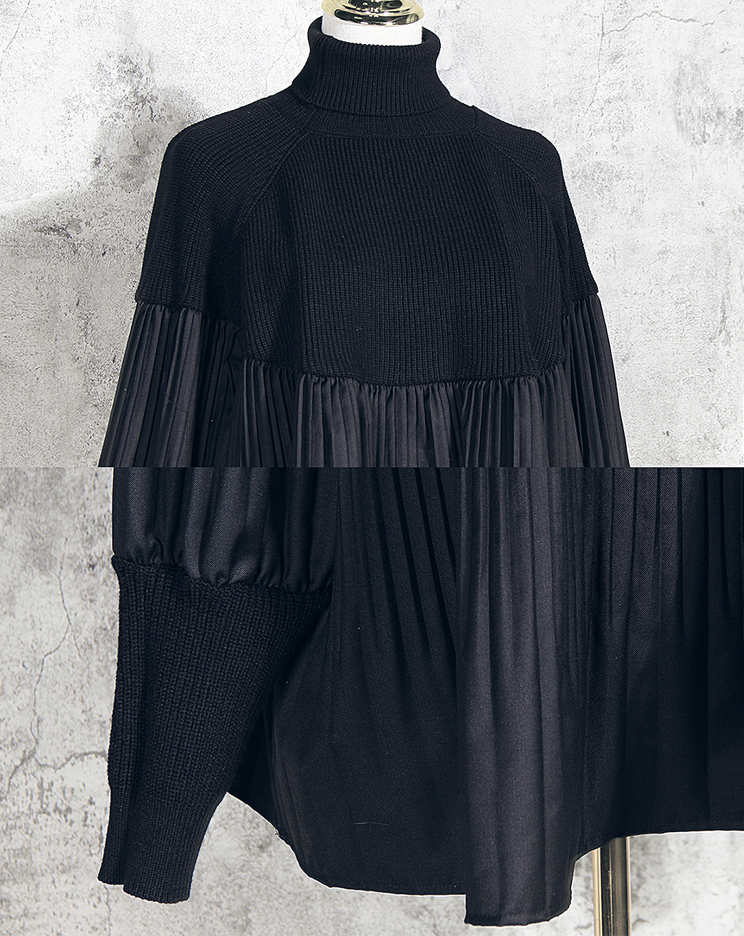 ♀Pleated Design Puff Sleeve High Neck Tops