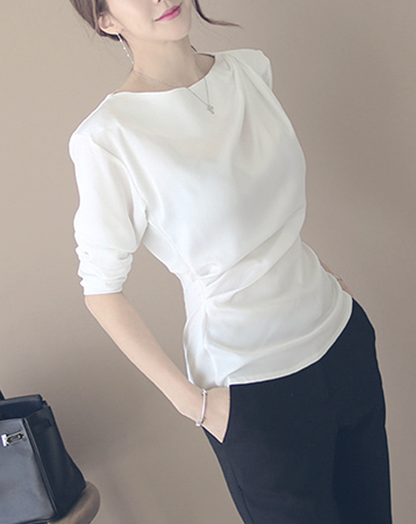 ♀Gathered Waist Boat Neck Shirt