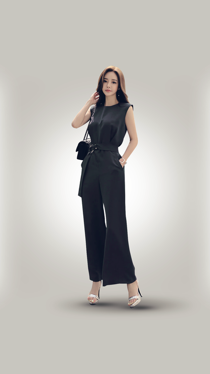 ♀Self Belted Solid Jumpsuit