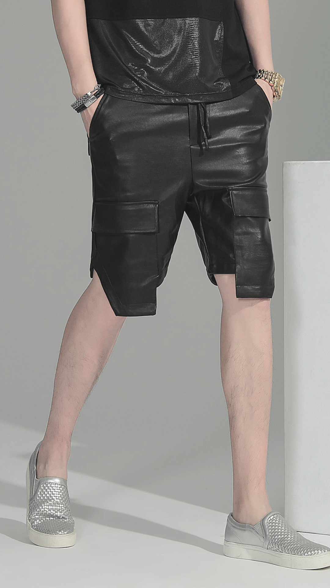 ♂Drop Pocket Leather Half Pants