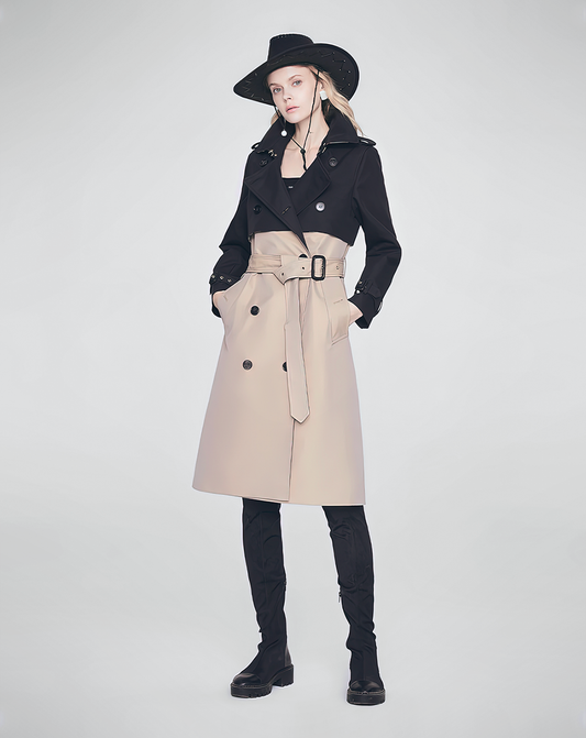 ♀Bicolor Double Breasted Urban Casual Trench Coat