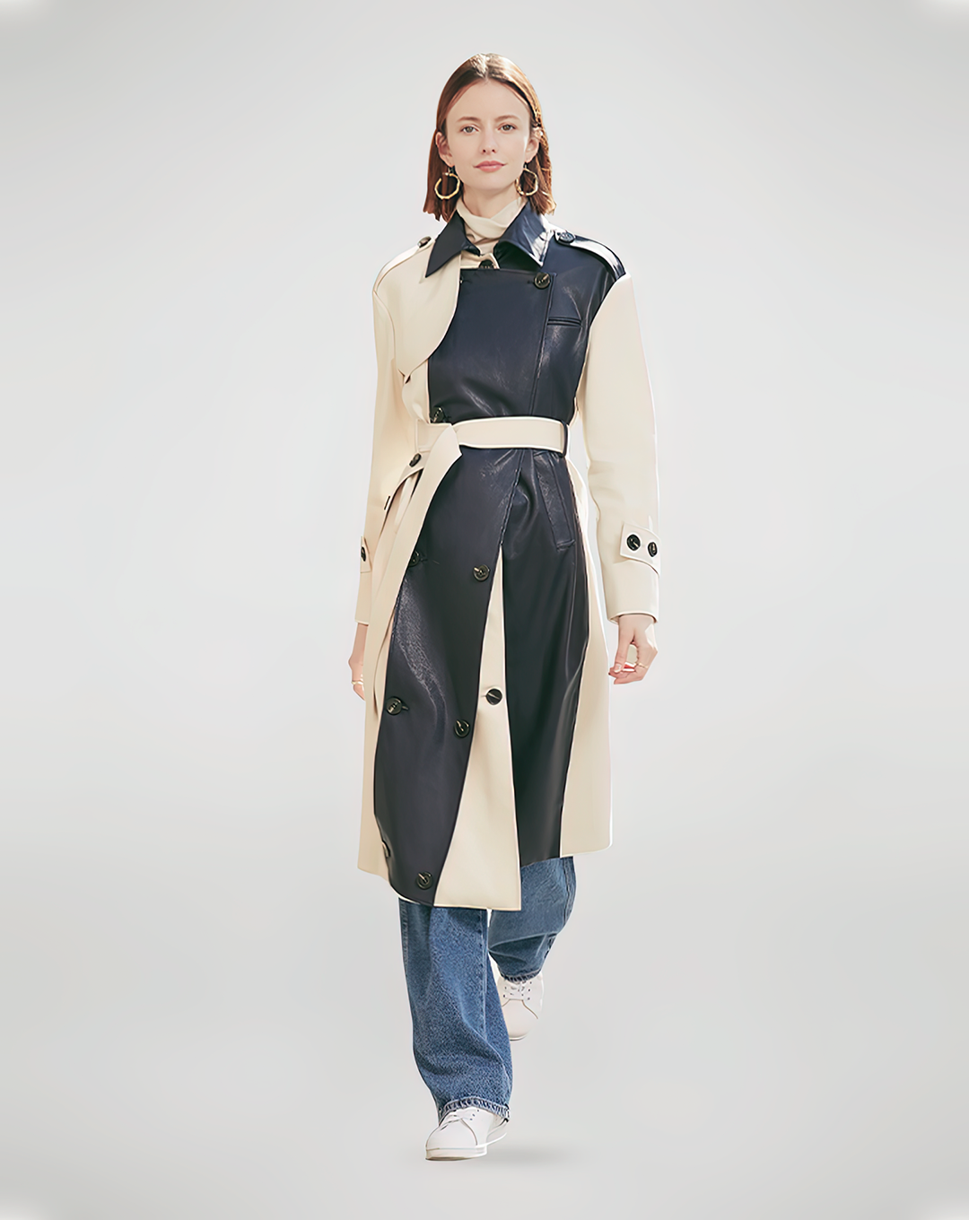 ♀Black Leather Design Trench Coat