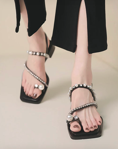 ♀Rhinestone square toe sandals