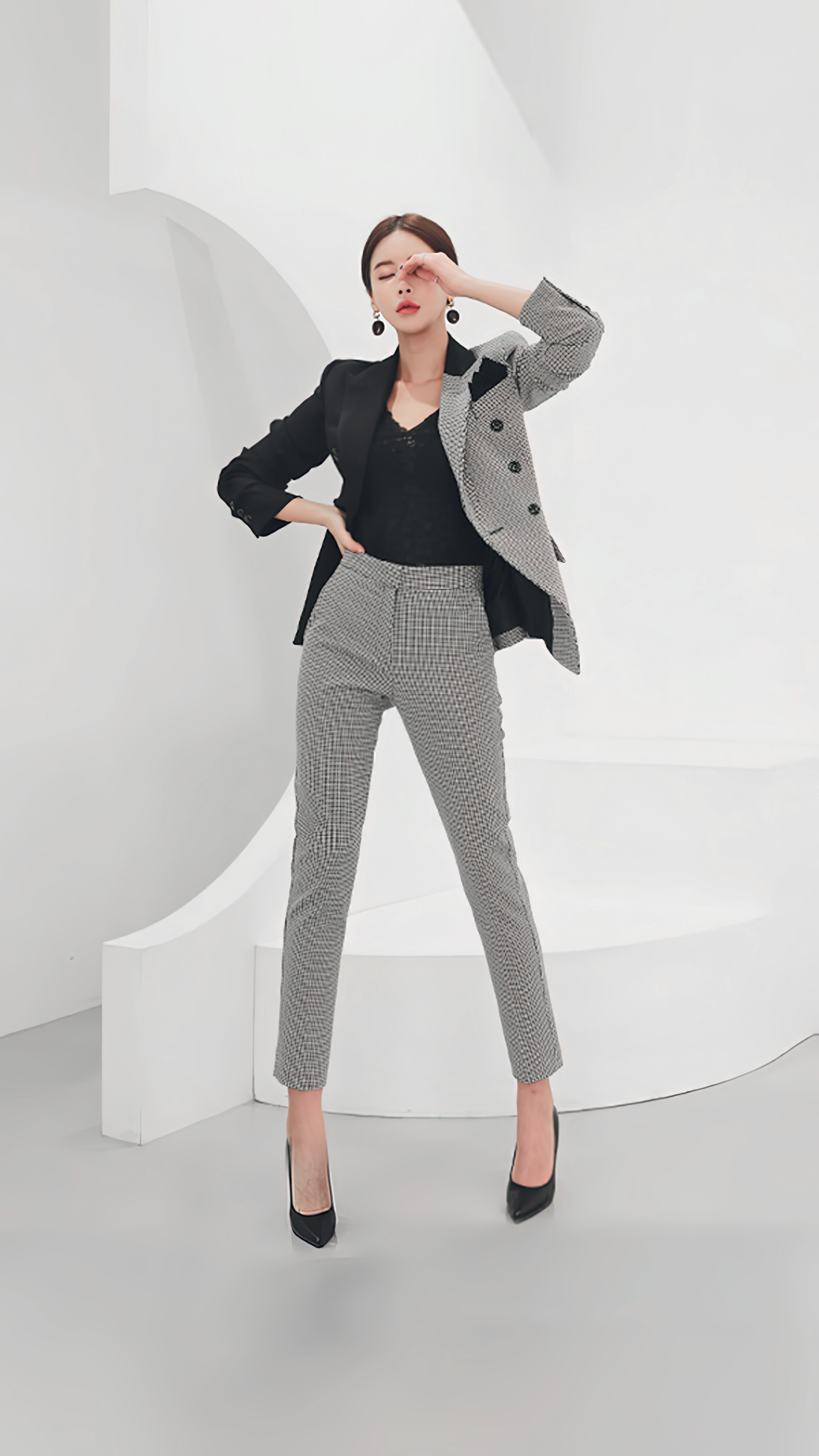 ♀Houndstooth Bicolor Pants Suit